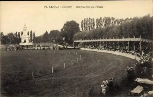 Ak Langon Gironde, Hippodrome des Vergers, Menschenmenge, Hügel, Pavillons