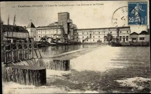 Ak Coutras Gironde, Wasserfall, Fabrikgebäude, Fluss, Brücke, 