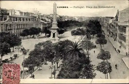 Ak Lisboa Lissabon Portugal, Praça dos Restauradores, Monument, Bäume, Stadtansicht,  