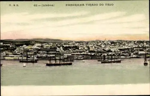 Ak Lisboa Lissabon Portugal, Panorama des Tejo, Hafenansicht, viele Schiffe