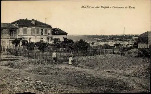 Ak Rosny sous Bois Seine Saint Denis, Panoramasicht auf  Häuser, Gärten, zwei Personen