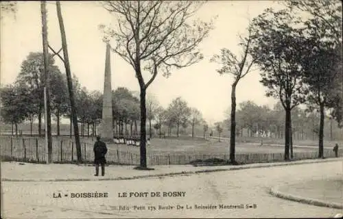 Ak Rosny sous Bois Seine Saint Denis, Parklandschaft, Obelisk, Person in schwarzer Kleidung, alte