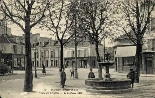 Ak Rosny sous Bois Seine Saint Denis, Kirchplatz, Brunnen