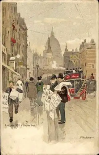 Künstler Ak London City, St Paul's Cathedral and Ludgate Hill, Paper Boy