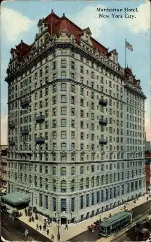 AK New York City USA, Manhattan Hotel aus der Vogelschau, Madison Avenue, 42nd Street, Straßenbahn