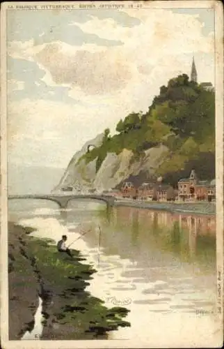 Künstler Litho Ranot, F., Esneux Wallonien Lüttich, Flusspartie, Angler