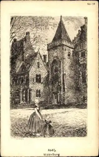 Ak Middelburg Zeeland Niederlande, Zeichnung eines Gebäudes, zwei Frauen in Trachten,  Atmosphäre