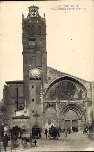 Ak Toulouse Haute Garonne, Kathedrale Saint-Etienne, s Gebäude, Turm mit Uhr, Pferdekutschen