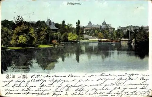 Ak Köln am Rhein, Volksgarten mit See, Bäume, Gebäude im Hintergrund, ältere 