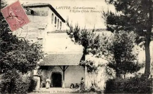 Ak Marmande Lot-et-Garonne, Kirche im romanischen Stil, ländliche Umgebung, Menschen in der Nähe