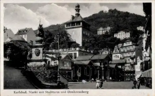 Ak Karlsbad in Baden,  Markt mit Stadtturm, Dreikreuzberg,  Architektur