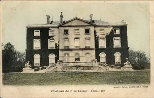 Ak Clermont Oise, Château de Fitz-James, Fassade, grüne Wiese, Statuen