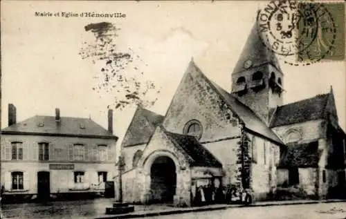 Ak Hénonville Oise, Mairie et Eglise d'  Gebäude, Gruppen von Personen