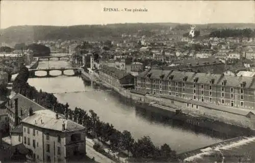 Ak Épinal Lothringen Vosges, Stadtansicht von  Uferpromenade, Fluss, Brücken,  Architektur