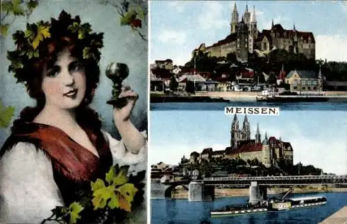 Ak Meißen in Sachsen, Salondampfer, Albrechtsburg, Dom, Frauenportrait mit Wein