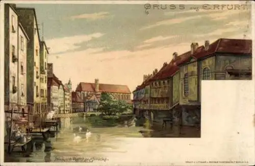 Ak Erfurt in Thüringen, Farbige Ansicht von  Blick zur Rathhausbrücke, Wasser und Gebäude