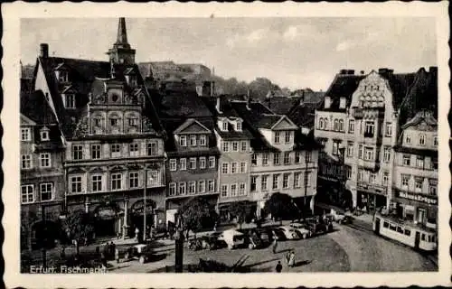 Ak Erfurt in Thüringen, Fischmarkt in   Gebäude, Straßenansicht, Tram