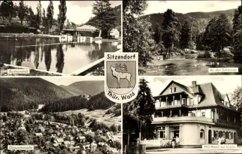 Ak Sitzendorf Thüringen, An der Schwarza, Badeanstalt, HO Hotel Zur Linde