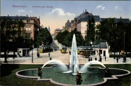 Ak Mannheim in Baden, Heidelberger Straße, Springbrunnen, Straßenbahnen