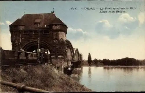Ak Worms am Rhein, Eisenbahnbrücke