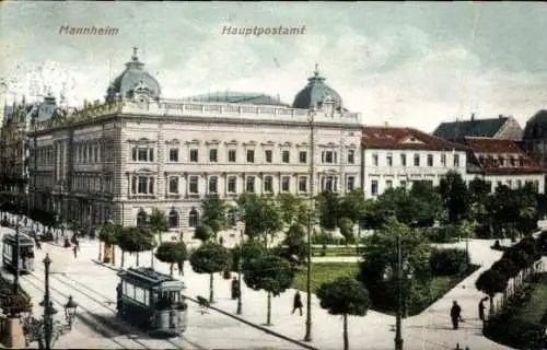 Ak Mannheim in Baden, Hauptpostamt, Menschen auf der Straße, Tram, Bäume, Gebäude