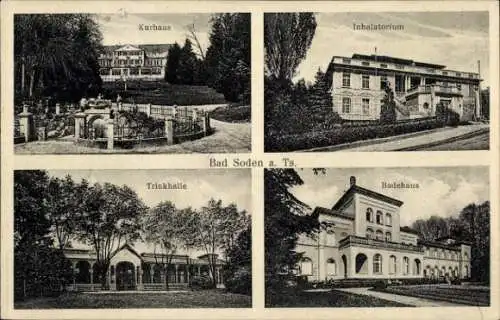 Ak Bad Soden am Taunus Hessen, Kurhaus, Inhalatorium, Trinkhalle, Badehaus, vier Ansichten