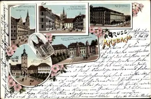 Ak Ansbach in Mittelfranken Bayern, Vorderansicht mit Stadtansichten,  Gebäude, Blumenverzierung