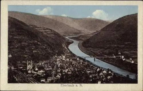 Ak Eberbach am Neckar Odenwald Baden, Stadtansicht mit Fluss, Bergen, Kirchen, Häusern, Brücke