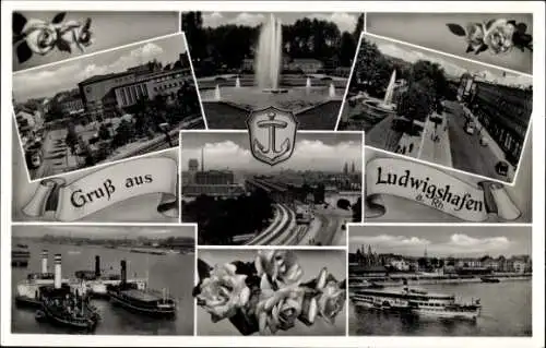 Ak Ludwigshafen am Rhein, Verschiedene Ansichten, Brunnen, Schiffe, Rosen