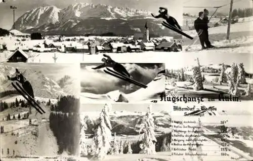 Ak Mitterndorf Dachau in Oberbayern, Gesamtansicht, Flugschanze am Kulm, Skispringer, Winter