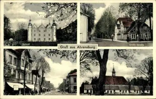 Ak Ahrensburg in Holstein, Schloss, Große Straße, Manhagener Allee, Kirche mit Gotteshaus