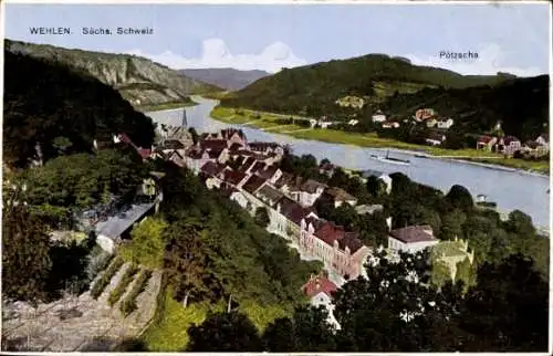 Ak Stadt Wehlen an der Elbe Sächsische Schweiz, Panoramaansicht, Flusslandschaft, Häuser, Berge, 