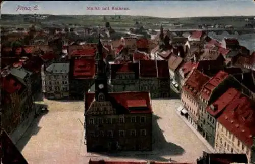 Ak Pirna an der Elbe, Markt mit Rathaus, Häuser, Glockenturm