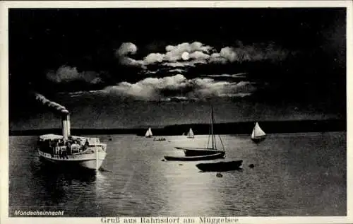 Ak Berlin Köpenick Rahnsdorf, Mondscheinnacht, Dampfschiff auf dem Müggelsee