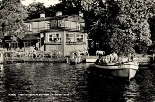Ak Kyritz in der Prignitz, Inselrestaurant auf der Untersee Insel, Boot