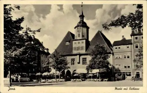 Ak Jena in Thüringen, Markt mit Rathaus,  Architektur, Bäume, Gebäude, Menschen, Bewirtung