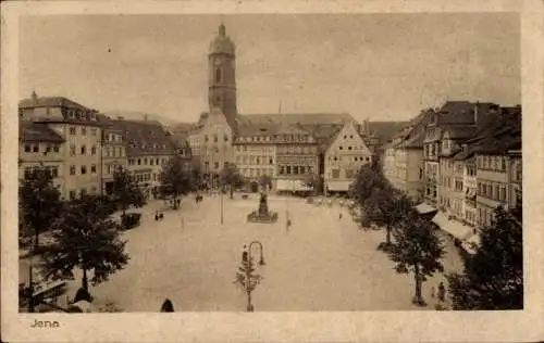 Ak Jena in Thüringen, Stadtansicht, Rathaus, Platz, alte Häuser, Denkmal