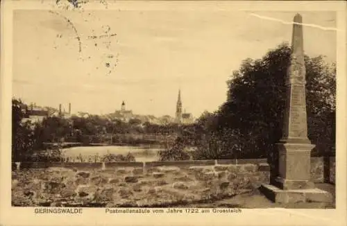 Ak Geringswalde Sachsen, Postmellensäule von 1722, Grosstelch, Stadtansicht,  Schrift