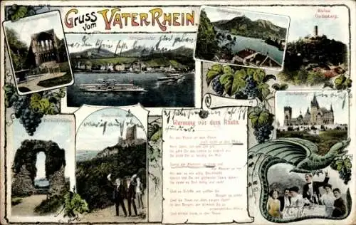 Ak Bonn am Rhein, Vielzahl an Rheinansichten, Rolandbogen, Warnung vor dem Rhein, Burgen, Wein, M
