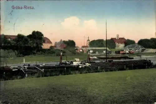 Ak Riesa an der Elbe Sachsen, Gröba- Schiffe im Wasser, Pastell-Farben, Landschaft, Architektur