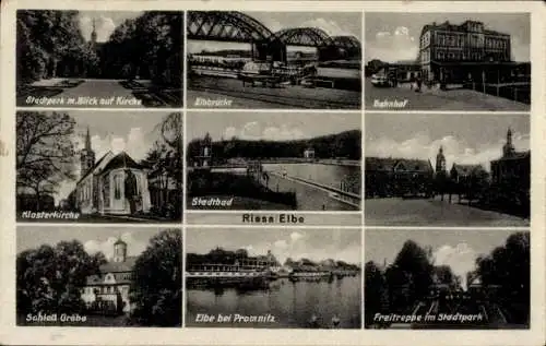 Ak Riesa an der Elbe Sachsen, Stadtpark, Elbbrücke, Bahnhof, Klosterkirche, Riesa Elbe, Schloss G
