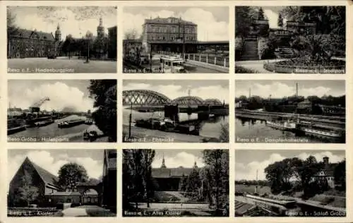 Ak Riesa an der Elbe Sachsen, Verschiedene Ansichten von  Elbbrücke, Dampferhaltestelle, Kloster