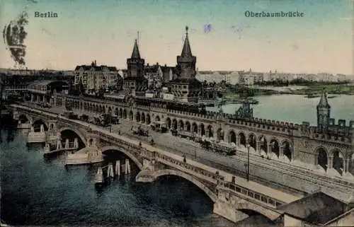 Ak Berlin Friedrichshain, Oberbaumbrücke,  Brücke, Berliner Architektur, Wasseransicht