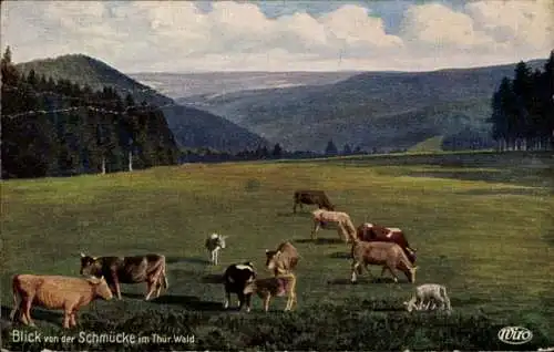Künstler Ak Gehlberg, Schmücke im Thüringer Wald, Sachsenstein, Wiro, Kühe beim Grasen