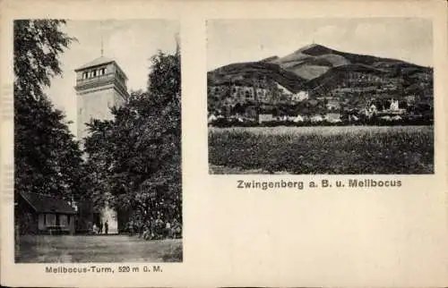 Ak Zwingenberg a.d. Bergstraße Hessen, Melibocus Turm, Gesamtansicht vom Ort mit Melibocus
