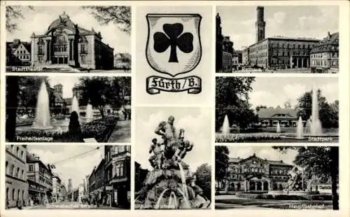 Ak Fürth in Mittelfranken Bayern, Stadttheater, Freiheitsanlage, Rathaus, Stadtpark, Schwabacher 