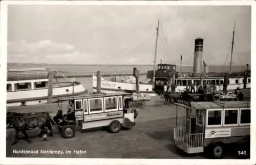 Ak Nordseebad Norderney Ostfriesland, Hafenansicht, Schiffe, Pferdekutsche,  Szenen