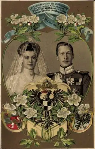 Präge Wappen Ak Kronprinz Wilhelm von Preußen, Kronprinzessin Cecilie, Hochzeit