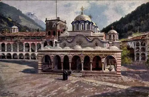 Künstler Ak Moralt, Willy, Bulgarien, Kloster Rila, General Schekoff, Kolonialkriegerdank
