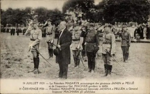 Ak Juli 1920, Président Masaryk accompagné des généraux Janin et Pelle